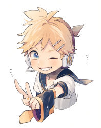 Rule 34 | +++, 1boy, ;), arm at side, blonde hair, blue eyes, blush, clenched teeth, detached sleeves, fingernails, hair ornament, hairclip, headset, kagamine len, kouhara yuyu, looking at viewer, male focus, nail polish, one eye closed, outstretched arm, sailor collar, shirt, short hair, short sleeves, simple background, smile, solo, teeth, upper body, v, vocaloid, white background, white shirt, yellow nails