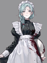 Rule 34 | 1girl, absurdres, alternate costume, alternate hairstyle, apron, aqua hair, black dress, blood, blood on clothes, blush, braid, breasts, closed mouth, commentary request, dress, enmaided, enomoto noa, grey background, grey eyes, hair bobbles, hair ornament, heeal, highres, juliet sleeves, korean commentary, long sleeves, maid, maid apron, maid headdress, medium breasts, puffy sleeves, saibou shinkyoku, side braid, simple background, smile, solo, white apron
