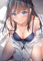 Rule 34 | 1girl, absurdres, bare shoulders, black hair, blue bra, blue eyes, blush, bra, breasts, cleavage, closed mouth, collarbone, commentary request, from above, highres, kunimine yuzuki, large breasts, long hair, long sleeves, looking at viewer, looking up, off shoulder, original, shirt, sitting, solo, thighs, underwear, wariza, white shirt
