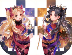 Rule 34 | 2girls, :d, black bow, black hair, blonde hair, bow, closed mouth, commentary request, cowboy shot, crown, earrings, ereshkigal (fate), fate/grand order, fate (series), from side, fur collar, hair bow, holding, ishtar (fate), japanese clothes, jewelry, kimono, long hair, long sleeves, looking at viewer, looking to the side, multiple girls, obi, open mouth, red bow, red eyes, revision, sash, shutsuri, smile, standing, symmetry, tohsaka rin, twintails, wide sleeves