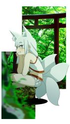 Rule 34 | 1girl, animal ear fluff, animal ears, bare shoulders, barefoot, belt, extra ears, eyes visible through hair, floating, forest, fox ears, fox girl, fox tail, full body, grin, hair over one eye, head rest, highres, indian style, koyuki (kuro kosyou), kuro kosyou, long hair, looking at viewer, looking to the side, low-tied long hair, midriff, multiple tails, nature, navel, original, outdoors, purple eyes, shikigami, short shorts, shorts, sidelocks, sitting, smile, solo, tail, torii, white hair, white shorts