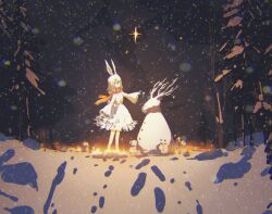Rule 34 | 1girl, animal ears, arknights, chinese new year, commentary request, dress, fringe trim, from side, frostnova (arknights), long sleeves, night, night sky, orange scarf, outdoors, qiang45042, rabbit ears, scarf, sky, snow, snowing, snowman, solo, standing, tree, white dress, white hair, wide sleeves