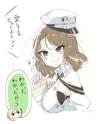 Rule 34 | 2girls, absurdres, blush stickers, breasts, brown eyes, commentary request, creature, detached sleeves, head only, highres, houston (kancolle), kantai collection, large breasts, light brown hair, long hair, military, military uniform, multiple girls, nami nami (belphegor-5812), naval uniform, perth (kancolle), simple background, smile, solo focus, translation request, uniform, upper body, white background