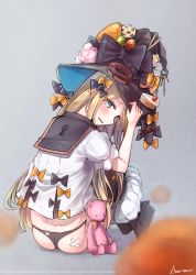 Rule 34 | 1girl, 2018, abigail williams (fate), amamami prime, arm up, ass, black bow, black hat, black panties, black sailor collar, black thighhighs, blonde hair, blue eyes, blurry, blurry foreground, blush, bow, butt crack, cake, cake slice, candy, clothes pull, commentary request, crossed bandaids, depth of field, doughnut, fate/grand order, fate (series), food, hair bow, hand on headwear, hat, hat bow, head tilt, highres, ice cream, key, keyhole, keyring, leaning forward, lollipop, long hair, looking at viewer, looking back, no shoes, orange bow, panties, parted bangs, parted lips, pocky, puffy short sleeves, puffy sleeves, sailor collar, school uniform, serafuku, shirt, short sleeves, signature, sitting, skirt, skirt pull, solo, stuffed animal, stuffed toy, teddy bear, thighhighs, underwear, very long hair, watermark, wavy mouth, white shirt, white skirt, witch hat