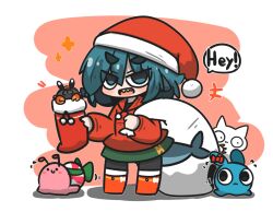 Rule 34 | +++, 1girl, :d, black pantyhose, blue eyes, blue hair, blush, boots, chibi, christmas, christmas stocking, commentary request, fins, fish tail, flying sweatdrops, fuka-chan, full body, green skirt, hair between eyes, hat, highres, holding, holding sack, hood, hood down, hoodie, looking at viewer, motion lines, open mouth, original, pantyhose, pink background, red footwear, red hat, red hoodie, sack, santa hat, shadow, shark tail, sharp teeth, short eyebrows, skirt, smile, solo, sparkle, standing, tail, teeth, thick eyebrows, two-tone background, uni souchou, v-shaped eyebrows, white background