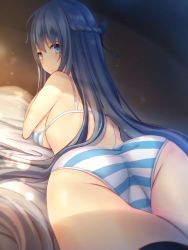 Rule 34 | 1girl, :o, absurdres, ass, ass focus, backlighting, bed sheet, black border, black hair, black thighhighs, blue bra, blue eyes, blue panties, border, bow, bra, braid, breasts, commentary, crown braid, french braid, from behind, hair bow, highres, light particles, light rays, liya, long hair, looking at viewer, looking back, lying, medium breasts, on bed, on stomach, original, panties, parted lips, side braid, skindentation, solo, striped bra, striped clothes, striped panties, thighhighs, thighs, underwear, underwear only