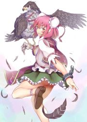 Rule 34 | 1girl, animal on arm, bandages, bird, bird on arm, cuffs, double bun, eagle, feathers, ginko (nico), gradient background, hair bun, ibaraki kasen, leg up, looking at viewer, looking back, outstretched arm, outstretched hand, pink eyes, pink hair, puffy sleeves, revision, shackles, shirt, short hair, short sleeves, skirt, solo, tabard, touhou, upskirt