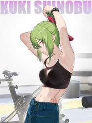 Rule 34 | 1girl, armpits, arms up, bare arms, bare shoulders, character name, commentary request, crop top, denim, genshin impact, green hair, highres, jeans, kuki shinobu, looking at viewer, midriff, nathda, navel, pants, purple eyes, short hair, sidelocks, solo, sports bra, stomach, sweat, upper body, watch, wristwatch