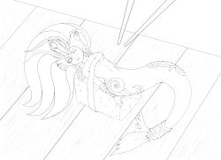Rule 34 | 1girl, antenna hair, armor, arms behind back, bdsm, bondage, bound, breast bondage, breasts, chopsticks, dutch angle, eating, food, from above, gem, greyscale, helmet, highres, koi, koi nami, league of legends, lineart, long hair, looking at viewer, mermaid, mini person, minigirl, monochrome, monster girl, nami (league of legends), navel, nude, one eye closed, pitui1996, rice, self-upload, skindentation, sushi, table, tail, tail ornament, underboob, vambraces, very long hair, wince, wink, wooden table