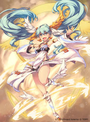 Rule 34 | 10s, 1girl, armpits, bare shoulders, blue eyes, boots, copyright name, detached sleeves, dress, earrings, hair ribbon, head wings, jewelry, keypot, open mouth, ribbon, grey eyes, sleeveless, smile, solo, tama (wixoss), thighs, twintails, white dress, wide sleeves, wings, wixoss