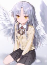 1girl angel_beats! angel_wings arm_between_legs black_skirt blazer bolo_tie breasts closed_mouth collared_shirt commentary_request expressionless feathered_wings highres jacket kneeling korean_commentary long_hair long_sleeves looking_at_viewer no_shoes pleated_skirt saang2cm shirt skirt small_breasts socks solo tachibana_kanade white_background white_hair white_shirt white_socks white_wings wings yellow_eyes yellow_jacket