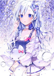 Rule 34 | 1girl, absurdres, bad id, bad pixiv id, bare shoulders, black thighhighs, blue camisole, blue eyes, blue flower, blue nails, blush, bow, breasts, bubble, camisole, cleavage, collarbone, commentary, english commentary, flower, hair flower, hair ornament, hand up, highres, hu kotora, jacket, long hair, looking at viewer, low twintails, medium breasts, miniskirt, nail polish, off shoulder, open clothes, open jacket, original, parted lips, pink bow, pleated skirt, ribbon trim, silver hair, skirt, solo, standing, stuffed animal, stuffed cat, stuffed toy, tearing up, tears, thighhighs, twintails, white jacket, white skirt, zettai ryouiki