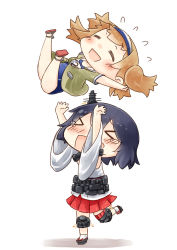 Rule 34 | &gt; &lt;, 10s, 2girls, :d, arms up, black hair, brown hair, chibi, commentary request, detached sleeves, closed eyes, hair ornament, hairband, hinata yuu, i-26 (kancolle), jacket, kantai collection, long hair, multiple girls, nontraditional miko, open mouth, pleated skirt, school swimsuit, short hair, simple background, skirt, smile, swimsuit, swimsuit under clothes, two side up, white background, xd, yamashiro (kancolle)
