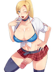 Rule 34 | 1futa, belt, black thighhighs, blonde hair, blue eyes, blush, bra, breasts, choker, cleavage, earrings, erection, fingernails, futanari, hand on own hip, heart, heart-shaped pupils, jewelry, large breasts, large penis, long hair, looking at viewer, miniskirt, mogiki hayami, nail polish, navel, navel piercing, one eye closed, open mouth, penis, piercing, plaid, plaid skirt, ponytail, school uniform, simple background, skirt, smile, solo, symbol-shaped pupils, thighhighs, uncensored, underwear, v, white background, wink