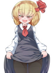 Rule 34 | 1girl, blonde hair, blush, clothes lift, cowboy shot, doku corne, dress, dress lift, fangs, gluteal fold, hair ribbon, lifting own clothes, naughty face, open mouth, pantyhose, red eyes, ribbon, rumia, shirt, short hair, simple background, skirt, skirt lift, smile, solo, thighband pantyhose, touhou, white background, white shirt