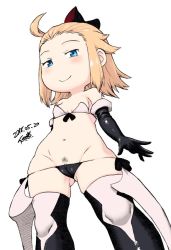 Rule 34 | 1girl, ahoge, armor, bikini, bikini armor, blonde hair, blue eyes, boots, bow, bravely default: flying fairy, bravely default (series), breasts, cameltoe, cleft of venus, closed mouth, dated, edea lee, elbow gloves, faulds, female pubic hair, gloves, hair bow, long hair, looking at viewer, lowleg, lowleg bikini, navel, pubic hair, pussy, pussy peek, simple background, smile, solo, sparse pubic hair, swimsuit, thigh boots, thighhighs, tsukudani (coke-buta), white background