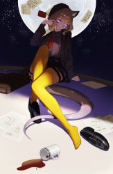 Rule 34 | 1girl, :3, adjusting eyewear, animal ear fluff, animal ears, arknights, beret, black footwear, black jacket, black skirt, blonde hair, breast pocket, breasts, briefcase, closed mouth, collared shirt, cup, full body, glasses, glowing, glowing eyes, hat, highres, jacket, knee up, loafers, long sleeves, looking at viewer, medium breasts, neck ribbon, official alternate costume, open clothes, open jacket, pantyhose, paper, pink eyes, pocket, ribbon, school briefcase, shade, shadow, shirt, shirt tucked in, shoes, short hair, sitting, skirt, sky, slit pupils, smile, solo, spill, star (sky), starry sky, tail, thigh strap, utage (arknights), utage (disguise) (arknights), yakupan, yellow pantyhose