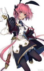 Rule 34 | 1boy, animal ears, apron, artist name, astolfo (fate), astolfo (saber) (fate), astolfo (saber) (third ascension) (fate), bad id, bad pixiv id, black bow, black bowtie, black dress, black gloves, black pantyhose, black ribbon, bow, bowtie, buttons, carimarica, collar, commentary request, cowboy shot, dress, eyes visible through hair, fake animal ears, fang, fate/grand order, fate (series), floating hair, gloves, hair ribbon, hands up, holding, holding sword, holding weapon, long sleeves, male focus, multicolored hair, pantyhose, petticoat, pink hair, purple eyes, rabbit ears, ribbon, scabbard, sheath, short hair with long locks, sidelocks, smirk, solo, standing, standing on one leg, streaked hair, sword, two-tone dress, two-tone hair, weapon, white apron, white background, white dress, white hair, wide sleeves