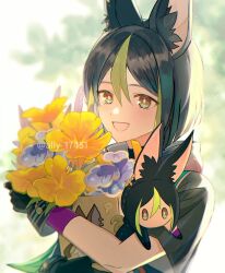 Rule 34 | 1boy, :d, animal ear fluff, animal ears, ari (bleum), artist name, black gloves, black hair, bloom, blunt ends, blurry, blurry background, blush, book, bouquet, brown eyes, character doll, commentary request, day, flower, fox ears, genshin impact, gloves, green eyes, green hair, hair between eyes, holding, holding bouquet, hood, hood down, hoodie, light particles, looking at viewer, male focus, multicolored eyes, multicolored hair, mushroom, open mouth, outdoors, short hair, short sleeves, sidelocks, smile, solo, tighnari (genshin impact), tree, turtleneck, twitter username, two-tone hair, upper body, wrist cuffs, yellow flower