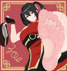 Rule 34 | 1girl, absurdres, barefoot, black hair, china dress, chinese clothes, dress, feet, focofortune, highres, light smile, long hair, looking at viewer, red eyes, shoes, single shoe, soles, toes, twintails, unworn shoes
