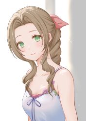 Rule 34 | 1girl, aerith gainsborough, bare shoulders, braid, braided ponytail, brown hair, closed mouth, collarbone, commentary, crisis core final fantasy vii, dress, final fantasy, final fantasy vii, green eyes, hair ribbon, highres, light blush, long hair, looking at viewer, nalu, parted bangs, pink ribbon, ribbon, sidelocks, sleeveless, sleeveless dress, smile, solo, spaghetti strap, symbol-only commentary, twitter username, upper body, watermark