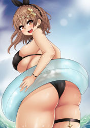 Rule 34 | 1girl, absurdres, ass, atelier (series), atelier ryza, bare shoulders, bikini, blush, breasts, brown eyes, brown hair, from behind, hair ornament, hair ribbon, hairclip, highres, huge ass, huge breasts, innertube, looking at viewer, open mouth, reisalin stout, ribbon, shiny skin, short hair, sideboob, smile, solo, swim ring, swimsuit, the only shoe, thick thighs, thigh strap, thighs, water, wet, wet hair