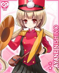 Rule 34 | 1girl, black skirt, blonde hair, card, character name, closed mouth, cymbals, girlfriend (kari), hat, holding, instrument, jacket, marching band, nishino ayane, official art, handbag, qp:flapper, red eyes, red jacket, shako cap, shirt, skirt, smile, solo, strap, tagme, triangle (instrument), twintails, vest, white shirt