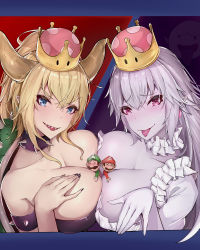 Rule 34 | 2boys, 2girls, :p, armlet, between breasts, black nails, blonde hair, blue background, blue eyes, blush, bowsette, breasts, choker, collar, commentary request, crown, facial hair, frilled choker, frills, gloves, green hat, hair between eyes, hat, highres, horns, large breasts, letterboxed, long hair, looking at viewer, luigi, luigi&#039;s mansion, mario, mario (series), mini person, miniboy, multiple boys, multiple girls, mustache, nail polish, new super mario bros. u deluxe, nintendo, pale skin, pink eyes, pointy ears, ponytail, princess king boo, red background, red hat, sharp teeth, sherryqq, short hair, sideburns, silver hair, smile, spiked armlet, spiked collar, spikes, super crown, teeth, tongue, tongue out, upper body, v-shaped eyebrows, white choker, white gloves, x x