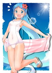 Rule 34 | 10s, artist name, bare legs, bare shoulders, blanket, blue eyes, blue hair, commentary request, day, flower, hair between eyes, hair flower, hair ornament, kantai collection, light rays, long hair, one-piece swimsuit, outdoors, samidare (kancolle), sandals, school swimsuit, smile, solo, sun, sunbeam, sunlight, swimsuit, tan, white school swimsuit, white one-piece swimsuit, yokoshima (euphoria)