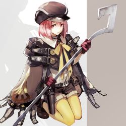Rule 34 | 1girl, ankle boots, bag, banpai akira, boots, cabbie hat, character request, coat, commentary request, gloves, gun, hair between eyes, handgun, hat, holding, holding weapon, holster, kneeling, overcoat, pantyhose, pantyhose under shorts, pink hair, pistol, red eyes, red gloves, satchel, short hair, short shorts, shorts, solo, weapon, yellow pantyhose