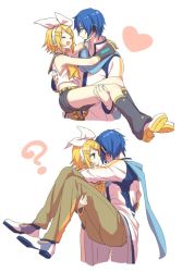 Rule 34 | 1boy, 1girl, 2koma, :d, :o, ?, ^ ^, akiyoshi (tama-pete), blonde hair, blue eyes, blue hair, blue scarf, carrying, closed eyes, coat, comic, covering face, embarrassed, closed eyes, full body, headset, heart, hiding, kagamine rin, kaito (vocaloid), multiple views, open mouth, pants, princess carry, ribbon, ribbon hair, role reversal, sailor collar, scarf, shirt, short hair, shorts, simple background, smile, standing, sweatdrop, upper body, vocaloid, white background, white ribbon, white shirt