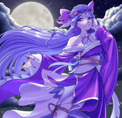 Rule 34 | 1girl, adjusting hair, bow, circlet, cure earth, floating hair, full moon, grey eyes, grey hair, grin, hair bow, hair ornament, hand in own hair, healin&#039; good precure, heart, heart hair ornament, highres, japanese clothes, jewelry, kimono, long hair, long sleeves, looking at viewer, moon, night, outdoors, pink bow, precure, purple kimono, ring, shrimp1634, sky, smile, solo, standing, star (sky), starry sky, very long hair, wide sleeves