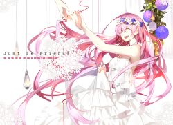 Rule 34 | 1girl, bare shoulders, blush, dress, closed eyes, flower, hair flower, hair ornament, head wreath, just be friends (vocaloid), long hair, megurine luka, open mouth, out of frame, pink hair, saberiii, sleeveless, sleeveless dress, smile, solo focus, song name, string, string of fate, very long hair, vocaloid, white dress