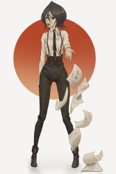 Rule 34 | 1girl, absurdres, black eyes, black hair, bleach, collared shirt, doubleragnarok, drawing, full body, highres, kuchiki rukia, long legs, long sleeves, open mouth, papers, shirt, short hair, simple background, solo, standing, suspenders, white shirt