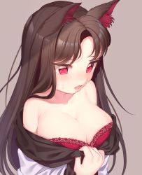 Rule 34 | 1girl, animal ear fluff, animal ears, bare shoulders, blush, bra, breasts, brown hair, cleavage, collarbone, commentary, dress, fang, grey background, imaizumi kagerou, lace, lace-trimmed bra, lace trim, large breasts, long hair, long sleeves, off-shoulder dress, off shoulder, open mouth, red bra, red eyes, satomachi, simple background, skin fang, solo, strapless, strapless bra, sweat, touhou, underwear, upper body, white dress, wolf ears