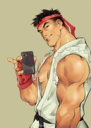 Rule 34 | 1boy, absurdres, bara, bare shoulders, cowboy shot, dougi, forked eyebrows, headband, highres, holding, holding phone, looking at viewer, male focus, muscular, muscular male, nipple slip, nipples, open clothes, open shirt, pectoral cleavage, pectorals, phone, ryu (street fighter), selfie, short hair, sideburns, smile, solo, street fighter, xiaolumiaoliya