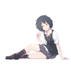 Rule 34 | 1girl, absurdres, arm support, black footwear, black hair, black socks, black sweater, black sweater vest, blush, brown eyes, closed mouth, female focus, full body, grey skirt, highres, looking at viewer, marvel, peni parker, school uniform, shirt, shoes, short hair, simple background, sitting, skirt, sleepmuna, smile, socks, solo, spider-man: into the spider-verse, spider-man (series), spider-verse, sweater, sweater vest, v, white background, white shirt