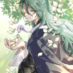 Rule 34 | 1boy, animal, animal around neck, baizhu (genshin impact), black robe, blue jacket, changsheng (genshin impact), chinese clothes, closed mouth, falling petals, flower, from side, genshin impact, glasses, green background, green hair, hair between eyes, highres, holding, holding flower, jacket, jacket on shoulders, kanai23831347, leaf, long hair, long sleeves, looking at viewer, looking to the side, male focus, petals, robe, smile, snake, solo, white flower, white snake, wide sleeves, yellow eyes