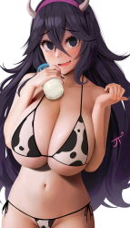 Rule 34 | 1girl, @ @, animal ears, animal print, bikini, black eyes, black nails, bottle, breasts, cleavage, collarbone, commentary request, cow horns, cow print, creatures (company), fake animal ears, fang, game freak, hair between eyes, hairband, hex maniac (pokemon), highres, holding, holding bottle, horns, jellytits-7, large breasts, looking at viewer, nail polish, navel, nintendo, open mouth, pokemon, pokemon xy, purple hair, side-tie bikini bottom, simple background, solo, swimsuit, white background