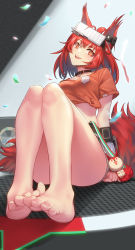 Rule 34 | 1girl, :d, animal ear fluff, arknights, bare legs, barefoot, black choker, breasts, choker, crop top, flametail (arknights), flametail (sport for all) (arknights), foreshortening, head-mounted display, head tilt, highres, knees up, looking at viewer, medium breasts, midriff, official alternate costume, open mouth, orange eyes, orange shirt, red hair, shirt, short sleeves, sitting, smile, solo, tail, thighs, tied shirt, yamauchi (conan-comy)