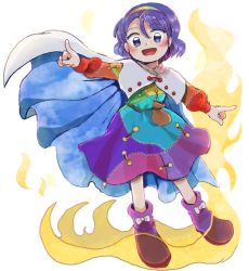 Rule 34 | 1girl, :d, bag, blush, boots, cape, capelet, commentary request, dress, fire, fire, full body, hairband, multicolored clothes, multicolored dress, open mouth, pointing, purple eyes, purple hair, rainbow, rome35793562, short hair, simple background, smile, solo, tenkyuu chimata, touhou, white background, white cape