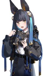 Rule 34 | 1girl, animal ears, belt, black hair, black jacket, blue hair, blue skirt, blunt bangs, collared shirt, commentary request, cowboy shot, dot nose, fake animal ears, gen (gen 7254), hair ornament, hairband, hands up, highres, holding, holding mask, jacket, light blush, long sleeves, looking at viewer, mask, medium hair, multicolored hair, open mouth, original, shirt, sidelocks, simple background, skirt, solo, standing, streaked hair, teeth, tongue, white background, white hairband, white shirt, yellow eyes
