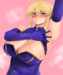 Rule 34 | 1girl, absurdres, arm up, armpits, artoria pendragon (fate), artoria pendragon (lancer) (fate), blonde hair, blue gloves, blush, breasts, cleavage, closed mouth, covered navel, dutch angle, elbow gloves, eyelashes, fate/grand order, fate (series), full-face blush, gloves, gold trim, green eyes, hair between eyes, hand up, highres, large breasts, looking at viewer, pink background, presenting armpit, shiny skin, short hair with long locks, sleeveless, smell, solo, spread armpit, spreading armpits, steaming body, sweat, sweatdrop, upper body, yotamono