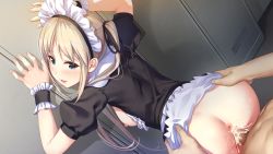 Rule 34 | 1boy, 1girl, anus, anzu (isekai sakaba no sextet), apron, bent over, blonde hair, blue eyes, blush, breasts, breasts out, clothed sex, cum, cum in pussy, game cg, hair ribbon, happy sex, hetero, highres, isekai sakaba no sextet, maid, maid apron, maid headdress, medium breasts, nipples, non-web source, cum overflow, penis, pussy, ribbon, sex, sex from behind, standing, standing sex, thighhighs, torso grab, twintails, uncensored, vaginal, yamacchi
