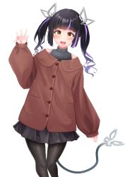 Rule 34 | 1girl, absurdres, alternate costume, black dress, black hair, black pantyhose, blunt bangs, blush, brown coat, buttons, coat, commentary request, demon girl, demon horns, demon tail, dress, feet out of frame, highres, horns, jewelry, kojo anna, long hair, looking at viewer, medium bangs, multicolored hair, nanashi inc., necklace, open mouth, pantyhose, pocket, pointy ears, purple hair, robou no stone, simple background, sleeveless, sleeveless dress, sleeves past wrists, smile, solo, tail, transparent background, twintails, two-tone hair, virtual youtuber, waving, yellow eyes