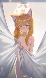 Rule 34 | 1girl, animal ear fluff, animal ears, blue archive, blue eyes, blush, breasts, closed mouth, collarbone, completely nude, covering privates, cowboy shot, daika!!, fingernails, flower, groin, hair flower, hair ornament, halo, highres, long hair, looking at viewer, mari (blue archive), nude, nude cover, orange hair, small breasts, solo, standing, white flower, yellow halo