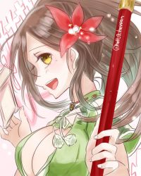 Rule 34 | 10s, 1girl, amagi (kancolle), bad id, bad twitter id, breasts, brown hair, cleavage cutout, clothing cutout, female focus, flower, from side, gradient background, hair between eyes, hair flower, hair ornament, inactive account, itsuko (akaitumeto), kantai collection, large breasts, looking at viewer, mole, mole under eye, open mouth, ponytail, sideways mouth, solo, staff, yellow eyes