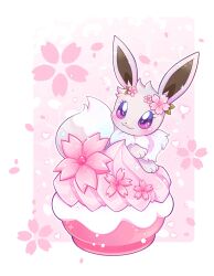 Rule 34 | :3, alternate color, artist name, blush, border, cherry blossoms, closed mouth, commentary, creatures (company), eevee, english commentary, eyelashes, flower, flower (symbol), food, game freak, gen 1 pokemon, hair flower, hair ornament, heart, highres, looking at viewer, nintendo, no humans, outside border, parfaerie, petals, pink background, poke puff, pokemon, pokemon (creature), purple eyes, sakuramon, shiny pokemon, simple background, smile, solo, sparkle, twitter username, white border