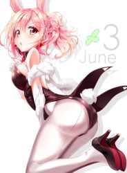 Rule 34 | 1girl, animal ears, ass, bare shoulders, braid, breasts, clover, detached collar, elbow gloves, fake animal ears, four-leaf clover, gloves, haruka natsuki, high heels, june, large breasts, leotard, looking at viewer, open mouth, original, pantyhose, pink hair, playboy bunny, pumps, purple eyes, rabbit ears, rabbit tail, shoes, sideboob, simple background, solo, tail, twintails, white gloves, white pantyhose
