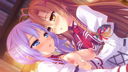 Rule 34 | 2girls, artist request, blue eyes, blush, grabbing another&#039;s breast, breasts, brown hair, character request, game cg, grabbing, long hair, multiple girls, nipples, purple hair, red eyes, school uniform, side ponytail, source request, tagme, yuri
